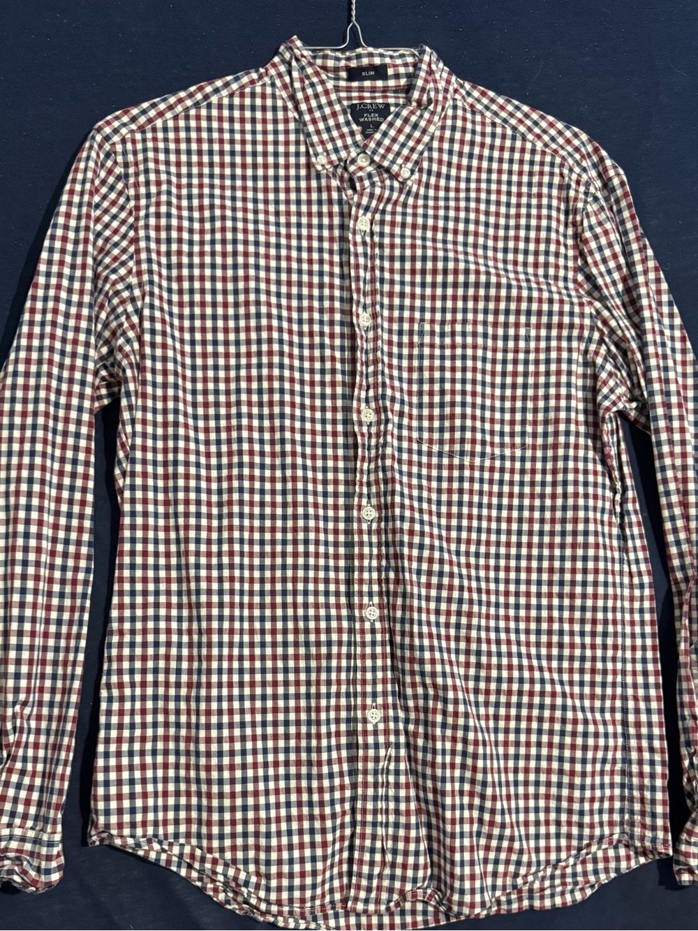J. Crew Red, Navy & White Check Button-Down Shirt Flex Washed Men’s Large